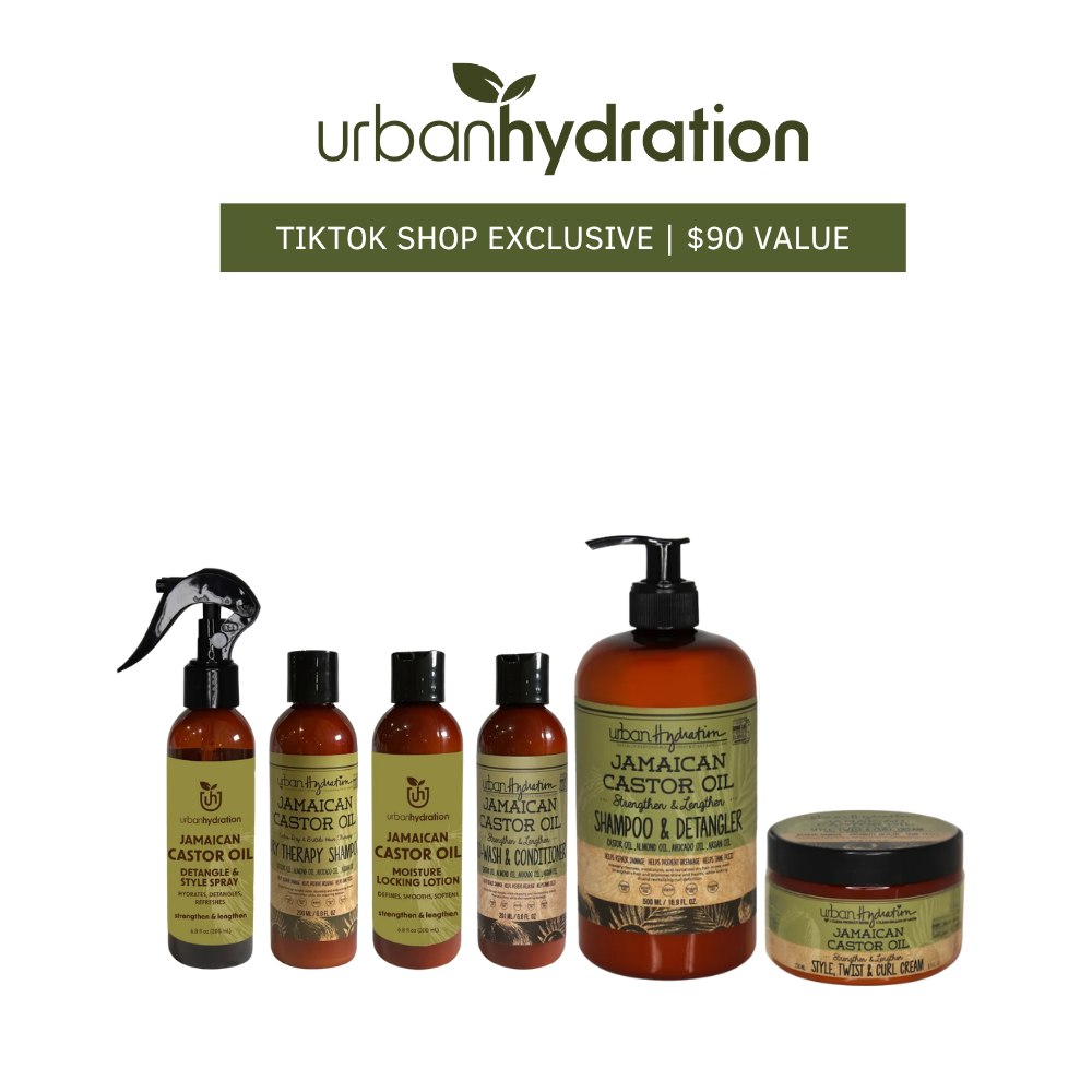 [Urban Hydration] Jamaican Castor Oil Strength + Restore Collection | 6-Piece Hair Care Set | Shampoo + Deep Conditioner + Detangler + Curl Cream | Dry + Textured Hair
