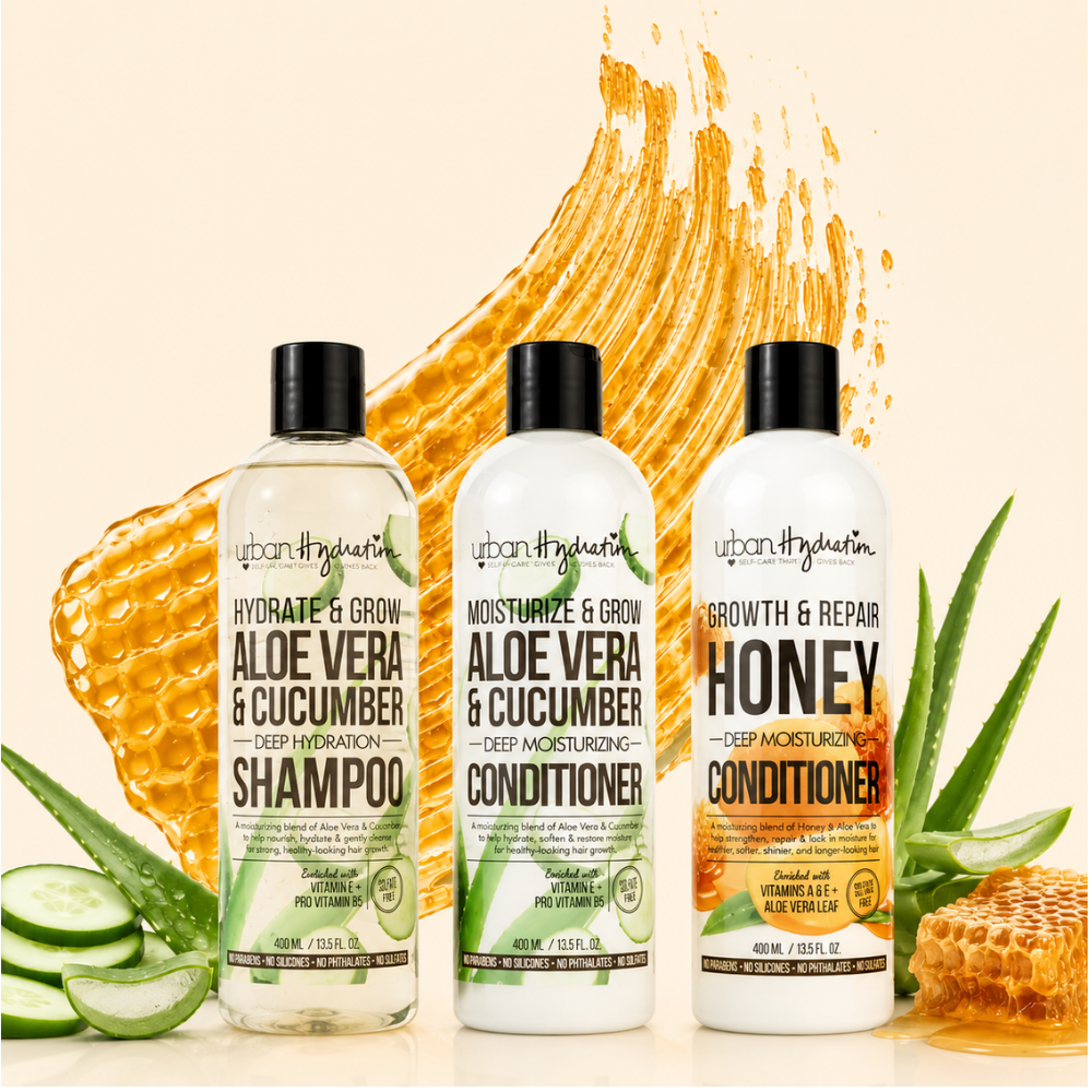 [Urban Hydration] Aloe + Honey Wash Day Hydration Set | 3-Piece Hair Care Routine | Shampoo + Conditioner + Deep Conditioner