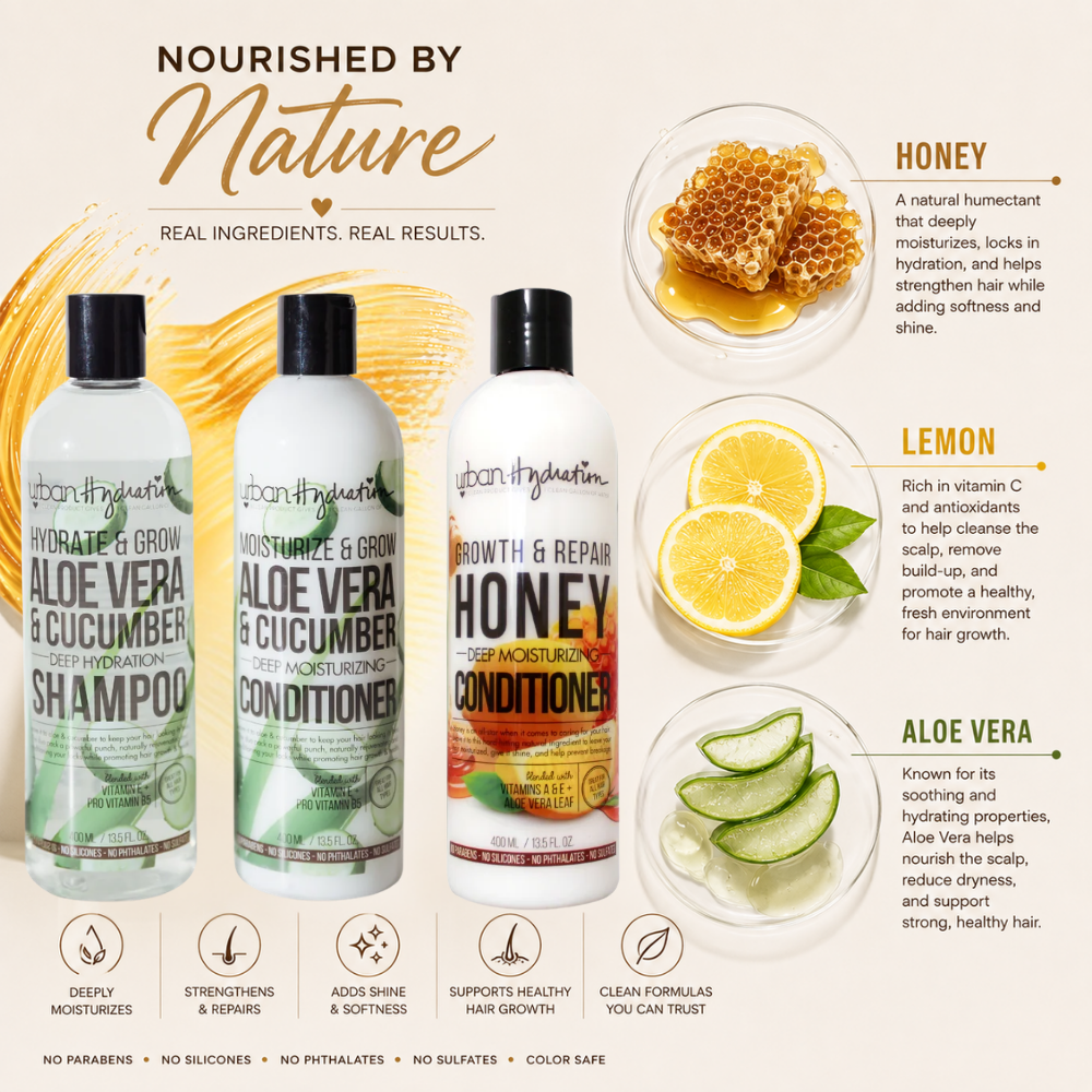 [Urban Hydration] Aloe + Honey Wash Day Hydration Set | 3-Piece Hair Care Routine | Shampoo + Conditioner + Deep Conditioner